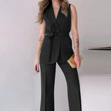 ADVBRIDGE  -  Office Lady Group Of Pants Set Elegant V Neck Sleeveless Blazer&Trousers Two Piece Outfits Summer Slim Lace-up Temperament Suit