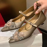 ADVBRIDGE  -  Women's genuine leather flower decoration pointed toe metal buckle slip-on Mary Jane pumps elegant ladies wedding kitten heels