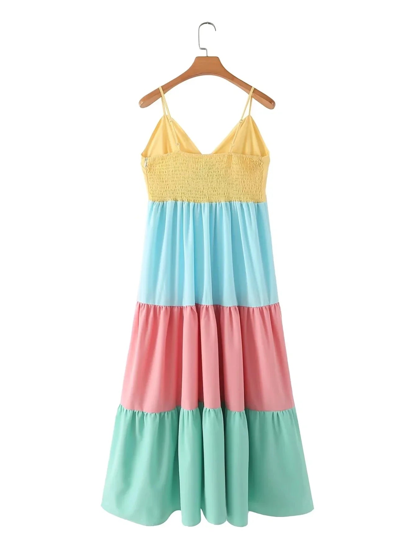 Advbridge Multicolor Patchwork V Neck Sundress Smocked Strap Sleeveless A-line Female Midi Casual Summer Women Vestidos 2024