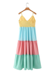 Advbridge Multicolor Patchwork V Neck Sundress Smocked Strap Sleeveless A-line Female Midi Casual Summer Women Vestidos 2024