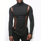 Advbridge Mens Sexy Tight-Fitting Sports Fitness Mesh Long-Sleeved Tops Autumn Nightclubs Perspective Stitching Stretch Turtleneck Tops