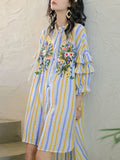 Advbridge Holiday Style Shirt Dress Embroidered Print Loose Dresses Women Irregular Stripes Top Korean Fashion Vestidos Para Mujer