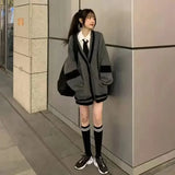 Advbridge Long Sleeve V Neck Preppy Style Knit Sweater Women Autumn Single Breasted Cotton Warm Cardigan Patchwork Grey Long Sweaters Coat