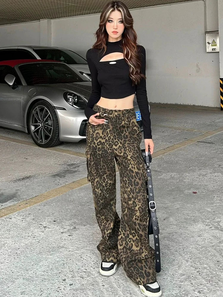 Advbridge Leopard Print Pants Women Y2K High Waist Multiple Pockets Vintage Trousers Streetwear Hip Hop Loose Wide Leg Cargo Jeans