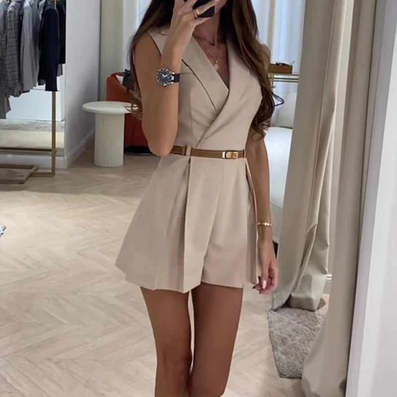 Advbridge -  Office Elegant Turn-down Collar Blazer Romper Women Casual Sleeveelss Waist Solid Shorts Jumpsuit 2024 Fashion Draped Playsuits