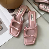 Advbridge Summer Women Flat Slippers Candy Leather Women Simple Bow Shoes Open Toe Square Head Slippers Women 2024 New French Beach Shoes