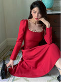 Advbridge Autumn Vintage Red Midi Dresses for Women Long Sleeve Diamonds Square Collar Slim Waist A-line Party Dress Female Clothing New