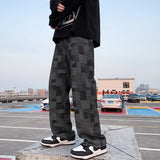 Advbridge Blue Black Plaid Jeans Men Retro Casual Wide-leg Jeans Mens Streetwear Loose Hip-hop Straight Denim Trousers Men Vintage Jeans