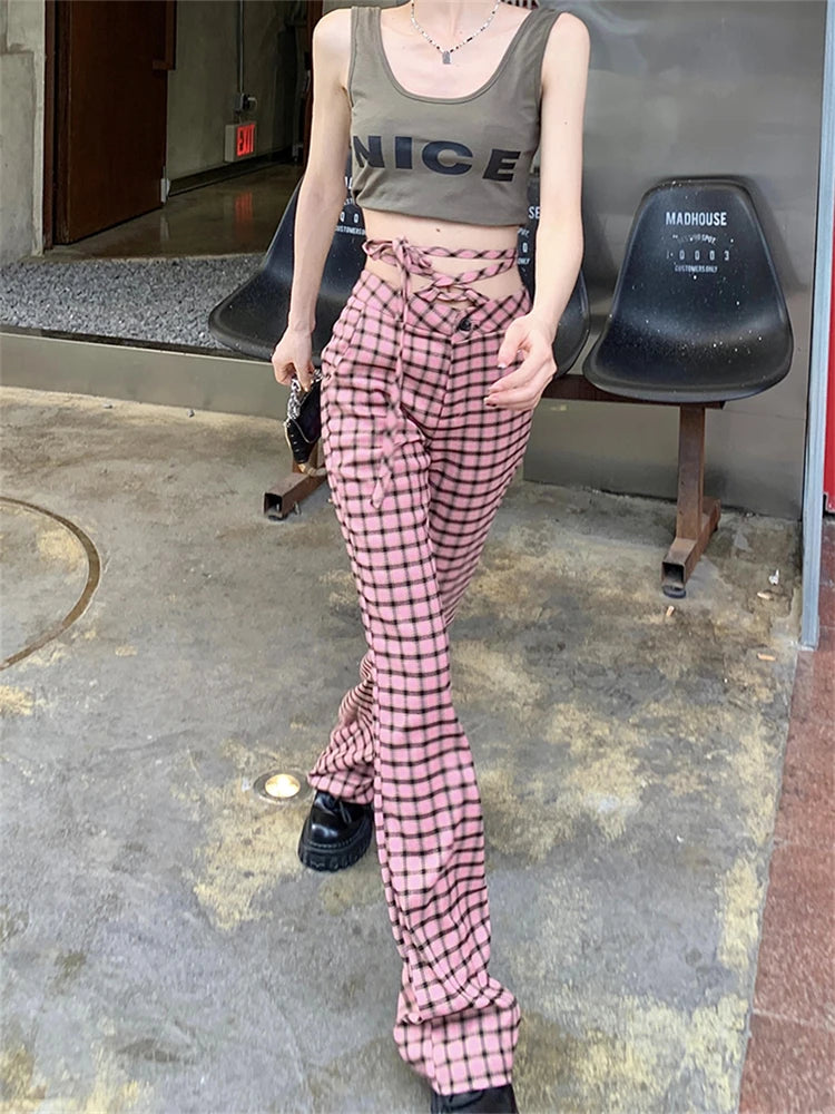 Advbridge  -  Women's Lace Up Design Vintage Plaid Pattern Casual Pants Fashion Girls Female High Waisted Skinny Straight Thin Trousers