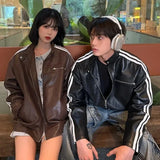 Advbridge Retro Leather Jacket Men Women  American Patchwork Strip Racing Outerwear Loose Hip Hop Zippers Brown PU Coat Streetwear Spring