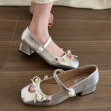 Advbridge Medium Heeled Mary Jane Single Shoes 2024 New Women Shoes Fashion Elegant Flower Bow Pumps Square Toe Thick Heeled Ballet Shoes