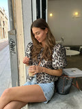 Advbridge Women Chic Print Leopard Lace Up Shirts Blouses O-neck Hollow Out Lantern Short Sleeve Cropped Tops Lady 2024 Summer Streetwear