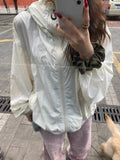 Advbridge Women's Windbreaker Beige Zipper Jackets Summer Casual Lightweight Transparent Hooded Jackets Loose Korean Fashion