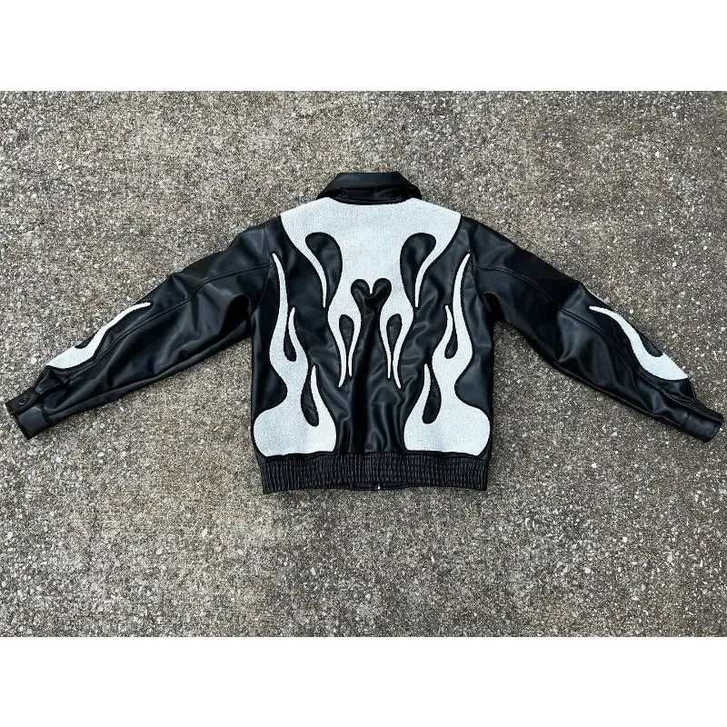 Advbridge American high-quality PU leather flame racing element embroidery zipper jacket men clothes y2k autumn winter fashion couple coat