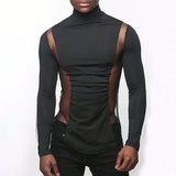 Advbridge Mens Sexy Tight-Fitting Sports Fitness Mesh Long-Sleeved Tops Autumn Nightclubs Perspective Stitching Stretch Turtleneck Tops