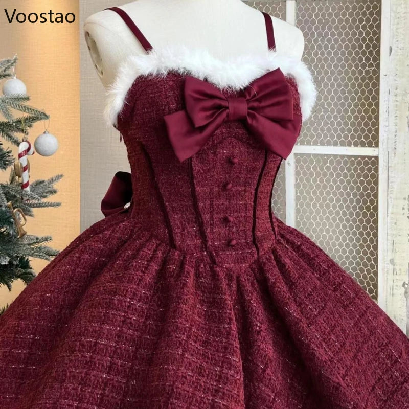 Advbridge Japanese Sweet Lolita Dress Set Women Kawaii Bow Plush Shawl Short Jackets Party Mini Dress Suit Christmas New Year 3 Piece Set