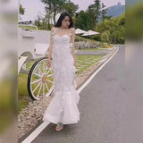 Advbridge  France Runway Summer White Flowers Long Dress Luxury Women Sexy Spaghetti Strap 3D Appliques Chest Pad Mermaid Party Vestidos