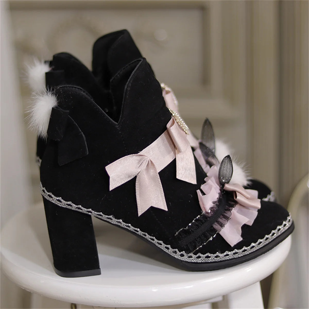 Advbridge Japanese Sweet Style Lolita Girls Shoes Cosplay Cute Bowknot Pearls Love Ruffle Kawaii Hairball Rabbit Ear 8cm High Heel Shoes