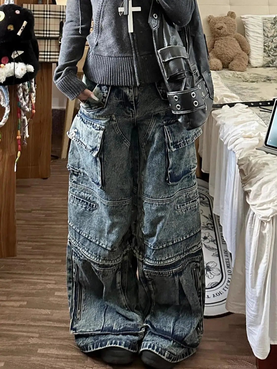 Advbridge Stylish High Street Multi-Pocket High Waist Jeans Cargo Pants Women American Vintage Wide Leg Jeans Harajuku Hip Hop Y2k Jeans