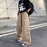 Advbridge Spring Autumn Trousers Cargo Straight Loose Elastic High Waisted Pockets Button Men's Clothing Casual Solid Color Vintage Pants