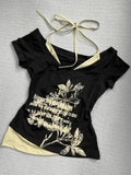 Advbridge Summer Fake Two Pieces Halter Bandage Vintage T-shirts Y2k Aesthetic Slim Crop Tops Women Grunge Print Harajuku Casual Sexy Tee