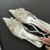 ADVBRIDGE  -   Satin Slingback Women Pumps Sexy Design Flowers Pointed Toe Thin Low Heels Dress Mule Shoes Zapatos De Mujer