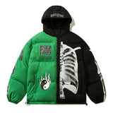 Advbridge Mens Winter Hooded Parka Jacket Yin Yang Skeleton Print Streetwear Oversized Coat Harajuku Loose Thick Warm Outwear Unisex
