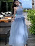 Advbridge Elegant Blue Skirt Suits Korean Halter Off Shoulder Slim Waist Top + Loose Casual Skirt Womens Two Pieces Set Female Clothing