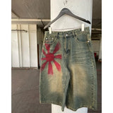 ADVBRIDGE  -  Fun geometric pattern printed old splicing color oversized denim shorts for men summer skateboard fashion aesthetic trend shorts