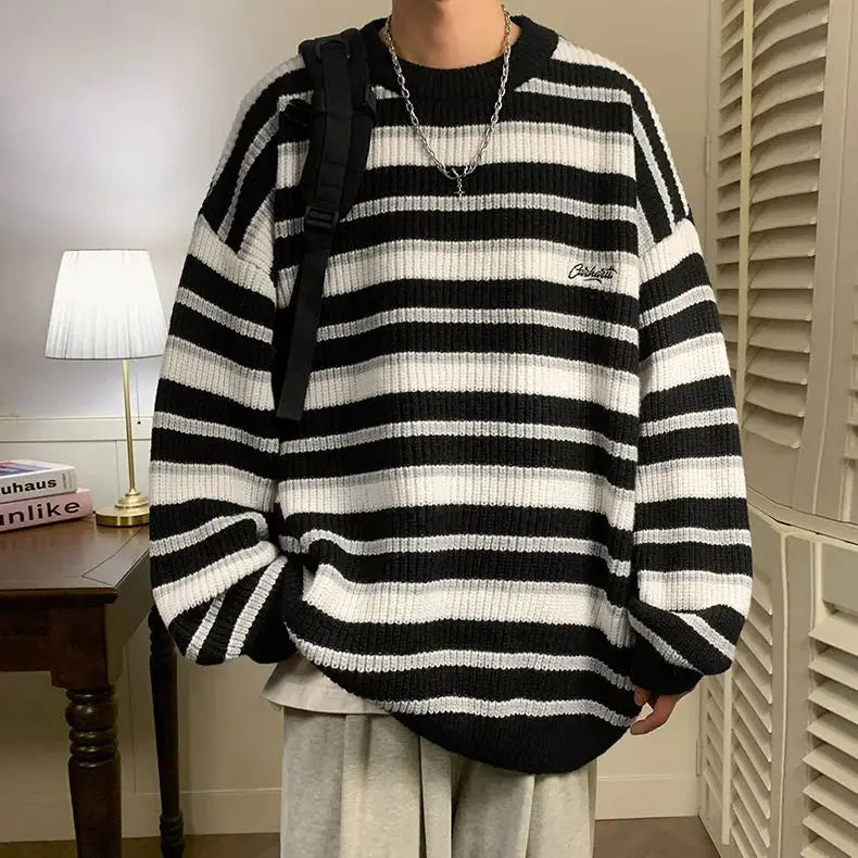 Advbridge Lazy Retro Striped Sweater Men Women Autumn Winter Thick Knit Casual Embroidered Knit Pullover Sweater Jacket Couple