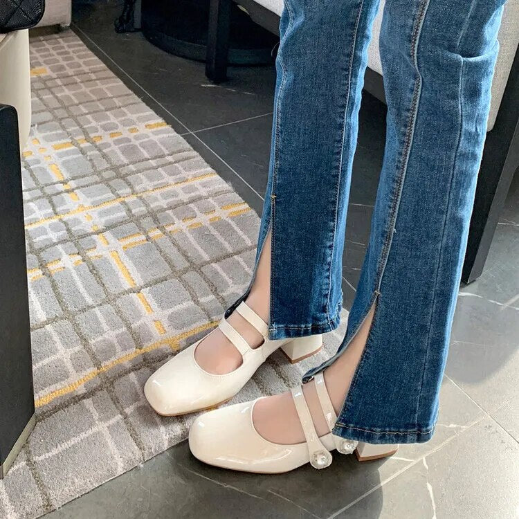 Advbridge New Spring Mary Jane Shoes Casual Shoes Chunky Heels Shoes for Women Square Toe Women Pumps Zapatos Mujer Large Size 34-43