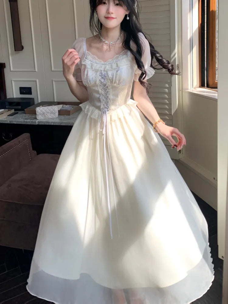 Advbridge Elegant Princess Birthday Party Dress Puff Sleeve Lace-up A-line Midi Dresses for Women Square Collar Prom Robe Vestidos Mujer