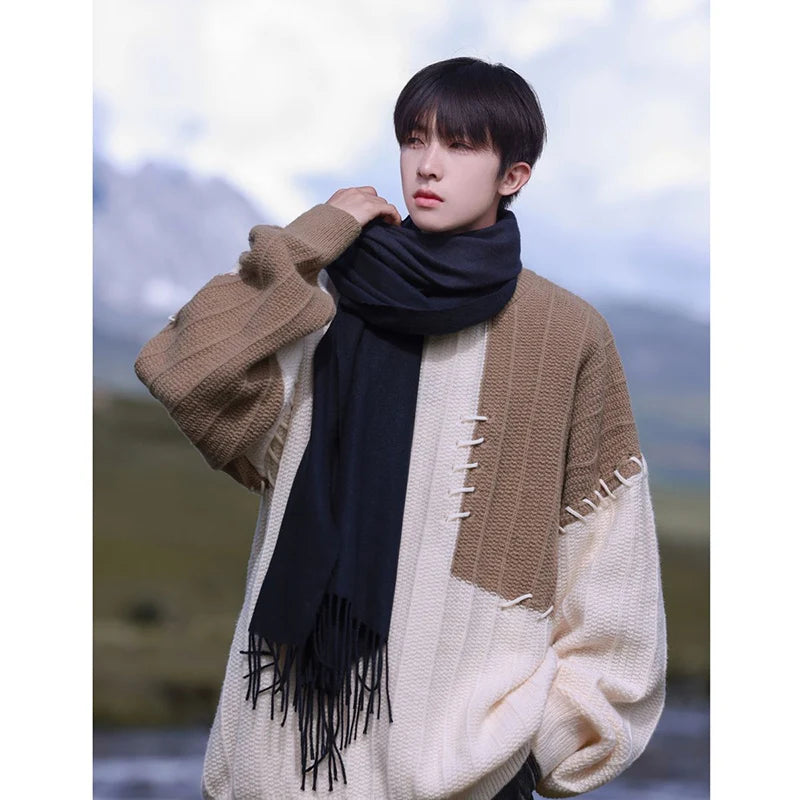 Advbridge Fashion O-Neck Spliced Loose Color Sweaters Men's Clothing Autumn Winter Oversized Knitted Casual Pullovers All-match Tops