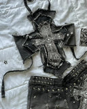 Advbridge Y2K Gothic Leather Patchwork Denim Patchwork Two Piece Women Clothes Harajuku Gothic Zip Jacket Mini Denim Pleat Mini Skirt Set