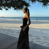 ADVBRIDGE  -  Fashion Solid V Neck Robes Chic Pleated Sleeveless Off Shoulder Puffy Long Dress New Women's Summer Vaction Beach Vestidos 2025
