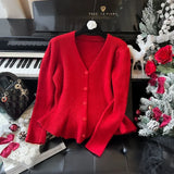 Advbridge 2025 Winter Casual Knitting Long Sleeve Purple Cardigans Women's Vintage Office Lady V-Neck Solid Color Elegant Slim Sweater Top