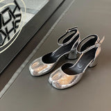 Advbridge Brand Designer Tabi ninja high heels shoes woman ankle strap silver crack leather pumps split toe D'orsay mary janes shoes woman