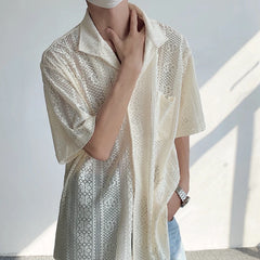 Advbridge Men's Fashionable Korean Style Hollow Out Turn-down Collar Trendy Single Breasted Short Sleeve 2024 Summer New Lace Top