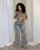 Advbridge  Women Streetwear Button Cutout Cargo Straight Denim Wide Leg Jeans Pants 2024 INS Elastic Fashion Party Cargo Trousers
