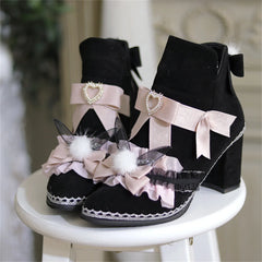 Advbridge Japanese Sweet Style Lolita Girls Shoes Cosplay Cute Bowknot Pearls Love Ruffle Kawaii Hairball Rabbit Ear 8cm High Heel Shoes