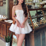 ADVBRIDGE  -  Pretty Girl Floral Print Mesh Strapless Mini Dresses Women Front Lace Up Bandage Birthday Party Dress French Bridesmaids Robe