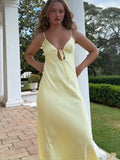 Advbridge V Neck Yellow Backless Satin Party Dress Women Sleeveless Summer Dress Vestidos Mujer Bowknot Elegant Sexy Sundress Beach 2024