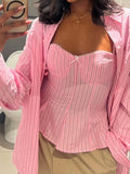 ADVBRIDGE  -  Pink Striped Casual Pants Sets Women Spring New Lace Trim Long Sleeve Pocket Crop Tops+Bow Sleeveless Tank Tops+Belted Trousers