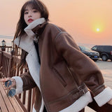 Advbridge New Winter Lambswool Coat Female Padded Fur One Motorcycle Suit Short Loose Leisure Plush Cotton-padded Jacket Coat Female