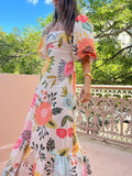 ADVBRIDGE  -  Summer Floral Print A-line Puffles Maxi Dress Women Puff Sleeve Square Collar Elegant Dress Female Holiday Party Dress Vestidos