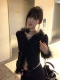 Advbridge Black Fluffy V-neck Cardigans Mujer Spring Autumn Slim Fit Knitted Tops Women Y2k E-Girl Long Sleeve Bottoming Sweaters