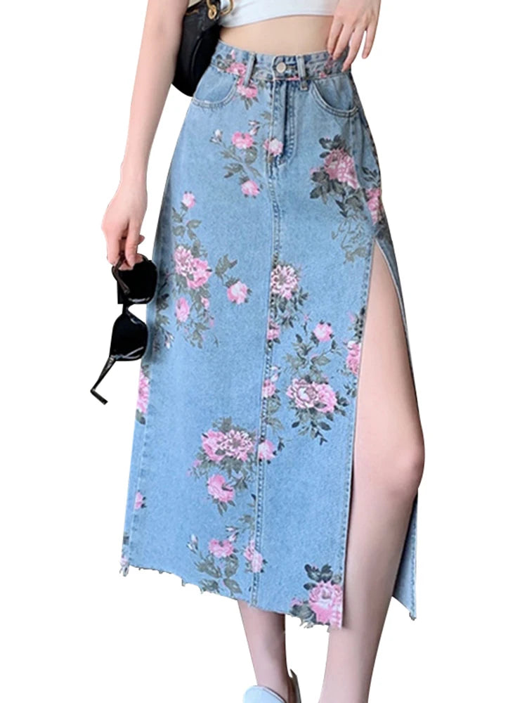 ADVBRIDGE  S-5XL Streetwear Vintage Flowers Print Long Denim Skirts New High Waist Slim Sexy Open Split Straight Jeans Skirt Korean