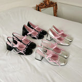 ADVBRIDGE  -  Sweet Bow Belt Buckle Women Sandals Fashion Round Toe Square Heel Mary Jane Shoes Simple Comfort Patent Leather Women Slide Shoe