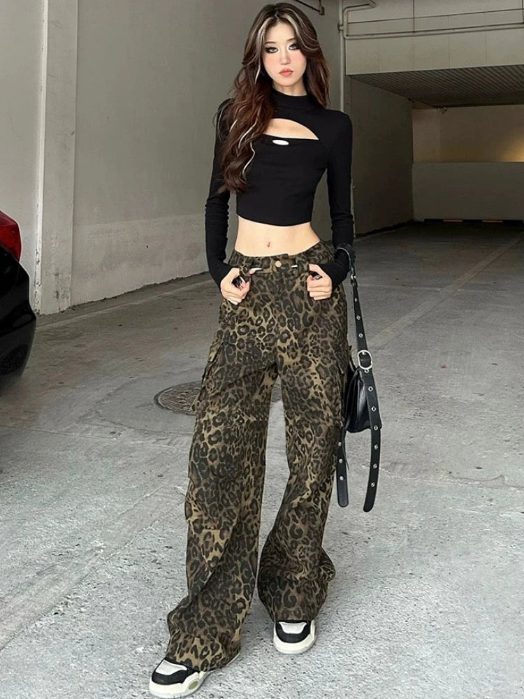 Advbridge Leopard Print Pants Women Y2K High Waist Multiple Pockets Vintage Trousers Streetwear Hip Hop Loose Wide Leg Cargo Jeans