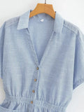 Advbridge Turn-down Collar Summer Linen Romper Women Stripes Pocket Casual Wide Leg Batwing Sleeve Blue Playsuit Button Jumpsuit